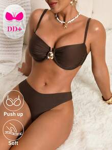 Voyashape Bộ bikini hai mảnh màu trơn DD+ dành cho nữ, trang trí kim loại, thích hợp cho mùa xuân/hè. - màu nâu - Xem 1