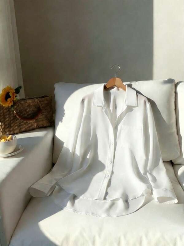 青少年女孩纯色前口袋纽扣长袖衬衫