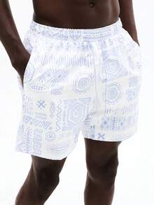 SUMWON Geometric Print Beach Swim Trunks Summer Vacation Boardwalk Quick Change Elastic Waistband Side Pockets Casual Poolside Beachwear - Blue - View 6