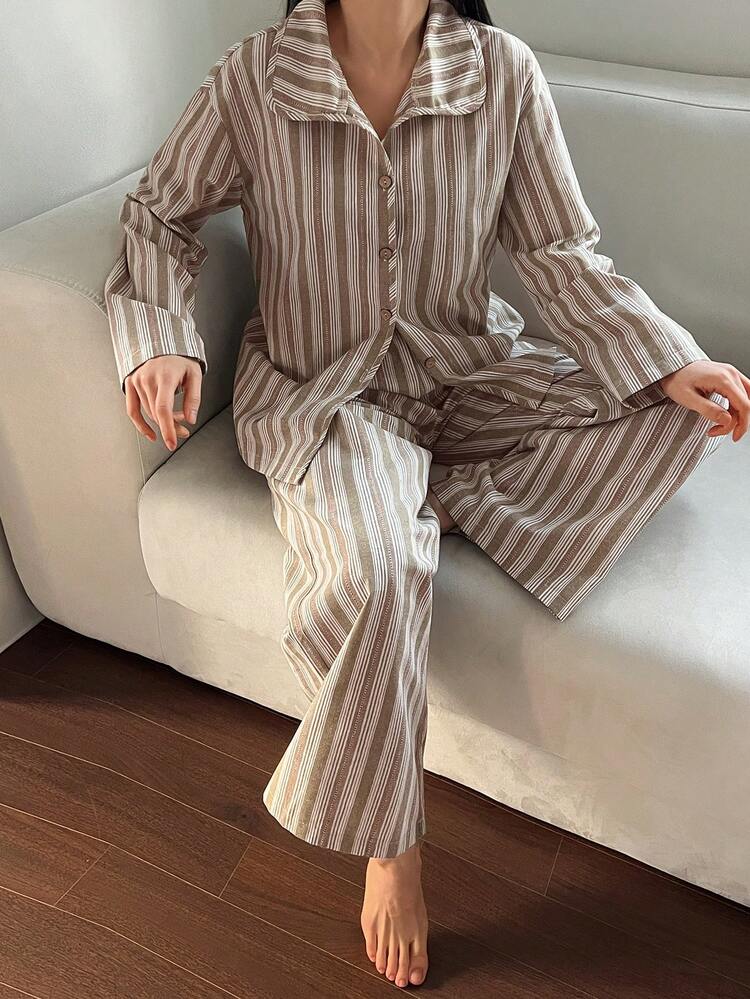 Women's Striped Print Drop Shoulder Loose Long Sleeve Shirt And Pants Pajama Set, Spring/Autumn