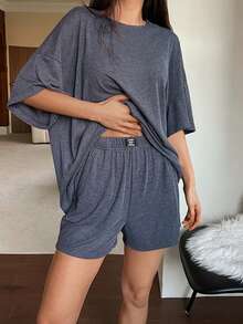 DAZY Minimalist Knitted Letter Decor Loose Women Pajama Set - Grey - View 3