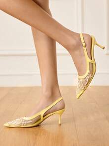 CUCCOO HITCHD 女士时尚优雅派对串珠刺绣网纱尖头高跟鞋 - 黃色 - 查看 5