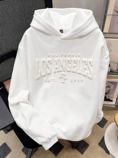 Manfinity Joysei White Oversized Men's 3D Los Angeles Letter Graphic Loose Fit Drop Shoulder Thick Hoodie, Suitable For Autumn/Winter, Outdoor, School