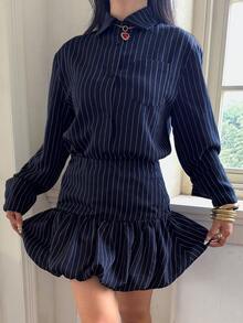 Modelyn Women's Navy Blue And White Autumn Elegant Office 2 Pieces Set,Long-Sleeved Off-The-Shoulder Shirt&Flower Bud Mini Skirt,Casual Modern Commuting Wear - Navy Blue - View 6