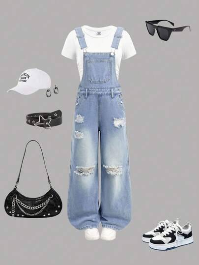 SHEIN Girlism Tween Girls Summer Beach Boho Light Washed Slant Pocket Vintage Cut Out Ripped Frayed Design Denim Overall Jumpsuit For Romper Without Tee,Girls Summer Casual Concert Rave Outfits Graduation Outfit,Everyday Wear Fall Winter