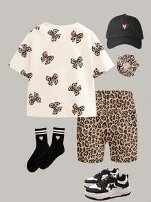 SHEIN 猎豹纹蝴蝶结装饰图案休闲圆领短袖上衣和短裤两件套，适合年轻女孩日常穿着，春夏皆宜，休闲时尚，返校季必备 - 彩色 - 查看 2