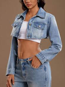 TRNVIE Women's Pocket Cropped Front Button Casual Long Sleeve Denim Jacket - Blue - View 1