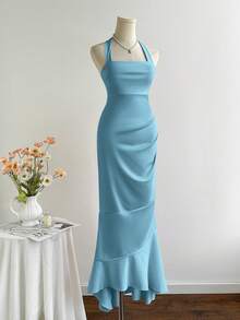 Elamini 优雅纯色鱼尾露背吊带连衣裙 - 天藍色 - 查看 6