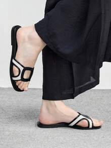 CUCCOO BIZCHIC Women's Square Toe Flats, Elegant Casual Simple Comfortable Slip-On PU Leather Sandals For Work Commute, Apricot - Black and White - View 4