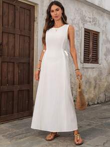 EMERY ROSE 女士休闲度假通勤纯色无袖侧打结连衣裙，简约百搭，夏季 - 白色 - 查看 5