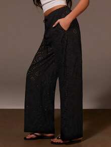 Athîral Women's Casual Vacation Lace Up Black Embroidered Woven Straight Leg Pants, Hollowed Out Black Pants, Black Pants, Embroidered Pants, Beach Wear, Outdoor Wear, Versatile Items, Summer Wear, Holiday Wear, Music Festival Wear - Black - View 2