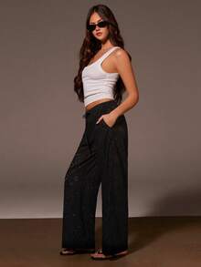 Athîral Women's Casual Vacation Lace Up Black Embroidered Woven Straight Leg Pants, Hollowed Out Black Pants, Black Pants, Embroidered Pants, Beach Wear, Outdoor Wear, Versatile Items, Summer Wear, Holiday Wear, Music Festival Wear - Black - View 5