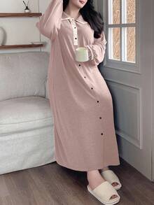 Dazy Plus Plus Size Women Peter Pan Collar Contrast Lace Half Open Front Loose Long Casual Nightgown, Spring/Autumn - Pink - View 3