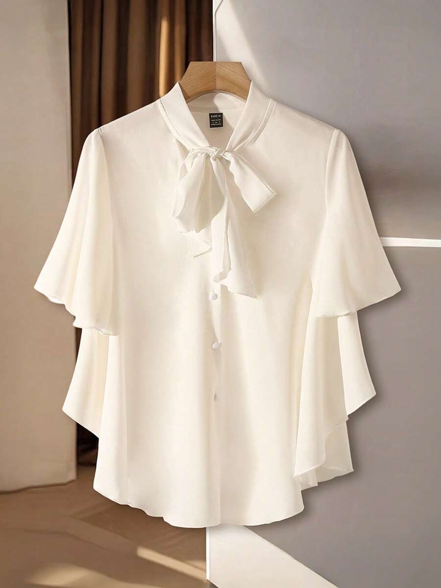Franclia 优雅法式编织蝴蝶袖领蝴蝶结衬衫，女士白色 - 白色 - 查看 1