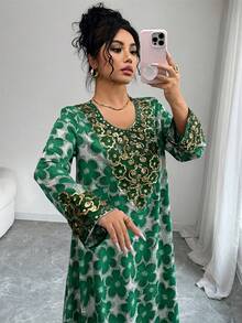 Al Najma 女士优雅圆领长袖阿拉伯风格连衣裙 - 綠色 - 查看 1