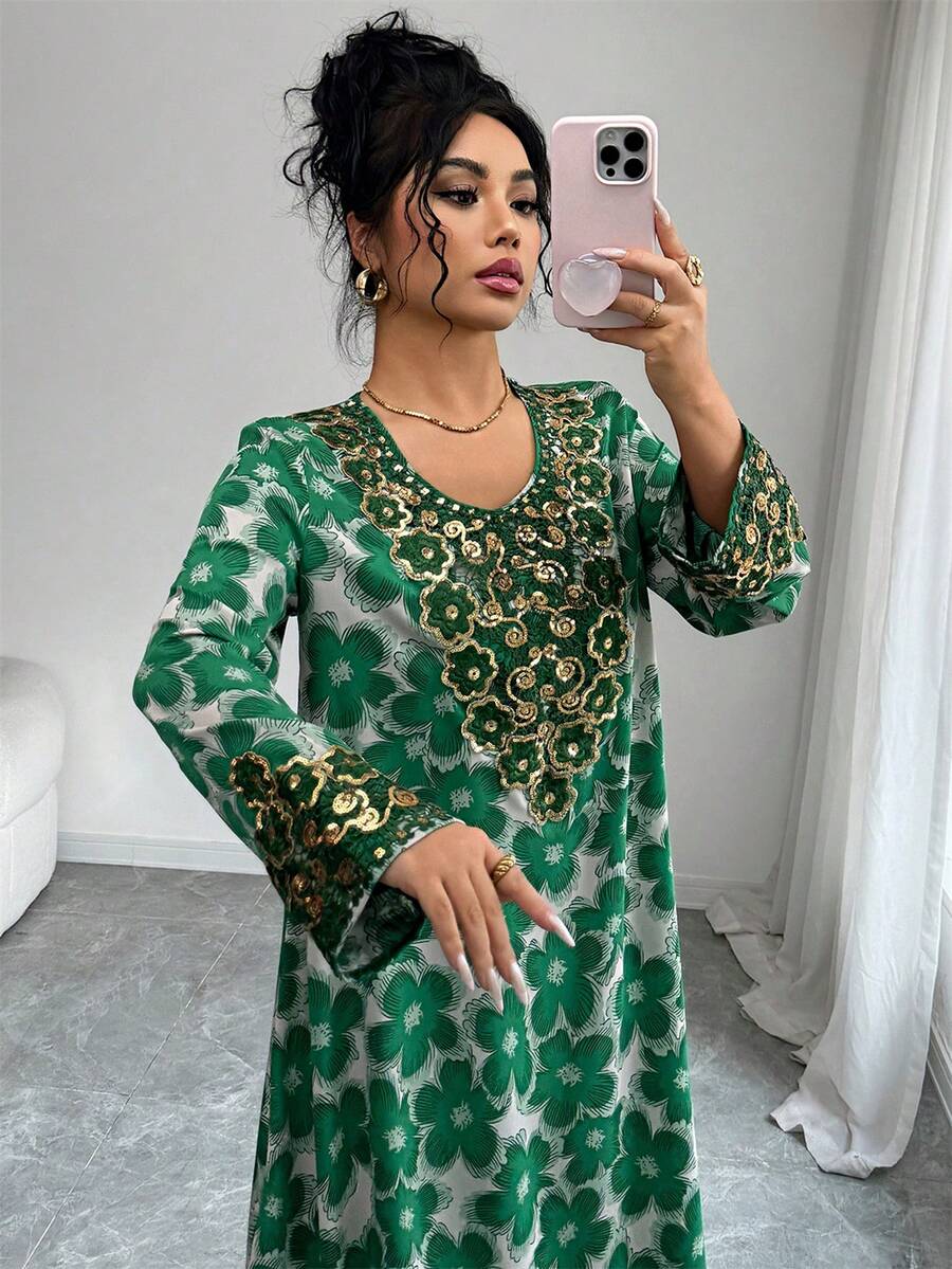 Al Najma 女士优雅圆领长袖阿拉伯风格连衣裙 - 綠色 - 查看 1