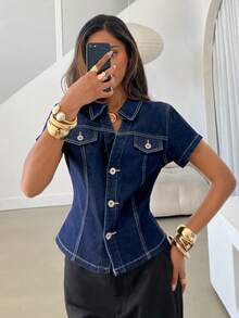 Aloruh 女士前开襟纽扣休闲百搭短袖牛仔衬衫 - 藍色 - 查看 5