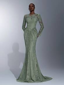 Elitara 优雅灰绿色浪漫弹力3D蕾丝圆领宽肩垫肩薄纱长袖收腰褶皱鱼尾露背连衣裙，适合约会、度假、婚礼、单身派对、商务晚宴及所有正式场合。 - 綠色 - 查看 2