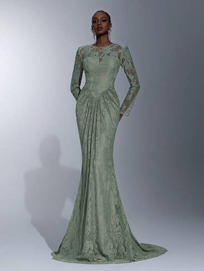 Elitara Elegant Gray-Green Romantic Elastic 3D Lace Round Neck Wide Shoulder Padded Sheer Long Sleeve Waist Slimming Ruched Fishtail Hem Backless Dress, Suitable For Dates, Vacations, Weddings, Singles Parties, Business Galas, And All Formal Occasions