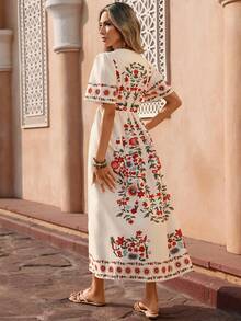 Flora Isola Flora Isola Vestido largo con cuello en V para mujer, vestido casual suelto con estampado floral de moda y manga corta, adecuado para salir, ir al trabajo y vacaciones en verano - Multicolor - Ver 2