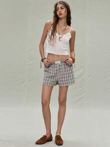 SoleilVie Quần short nữ kẻ caro kiểu retro, thích hợp mặc mùa hè. - màu nâu - Xem 6