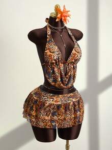 Zestiva 3pcs/Set Leopard Print Halter Beaded Top + Leopard Print Triangle Bikini Bottoms + Leopard Print Ruffle Hem Skirt, Hot Selling Beach Vacation Casual Outfit - Multicolor - View 4