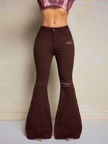 Slaydiva Plus Size Autumn Fashion Distressed Flared Jeans With Slant Pockets Brown Flare Jeans Crop Top Brown Pants 70s Clothes Ripped Jeans - Coffee Brown - View 4