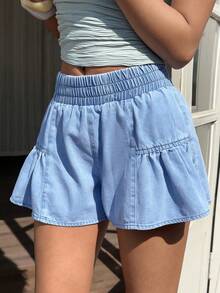 Sunnyshic 女士休闲弹力腰牛仔短裤 - 藍色 - 查看 1