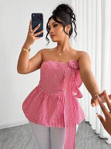 Elenzga Plus Size Women's Summer New Sexy Floral Gingham Bustier Crop Top With Ruched Waist And Flared Hem, Suitable For Daily Wear, Dates, Vacation, Beach, Music Festivals - Watermelon Pink - View 6