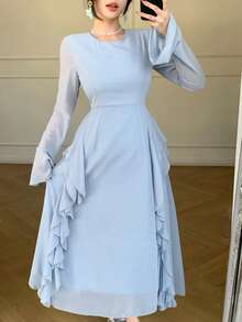 DAZY Đầm cocktail dáng midi ôm sát cổ bèo cho nữ, thích hợp làm đầm dự tiệc cưới hoặc đầm mùa hè. - Màu xanh lam - Xem 4