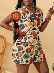 Slaydiva 春夏女士纽扣衬衫和松紧腰短裤套装/新款音乐节/西部风/波西米亚风/复活节/纳什维尔/生日/毕业/学生日常/休闲百搭/邮轮/旅行/海滩日光浴/度假/活力花卉印花两件套 - 彩色 - 查看 3