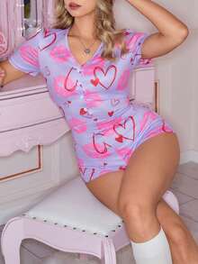 Sweet Heart & Red Lip Print Women Pajama Jumpsuit - Mauve Purple - View 4