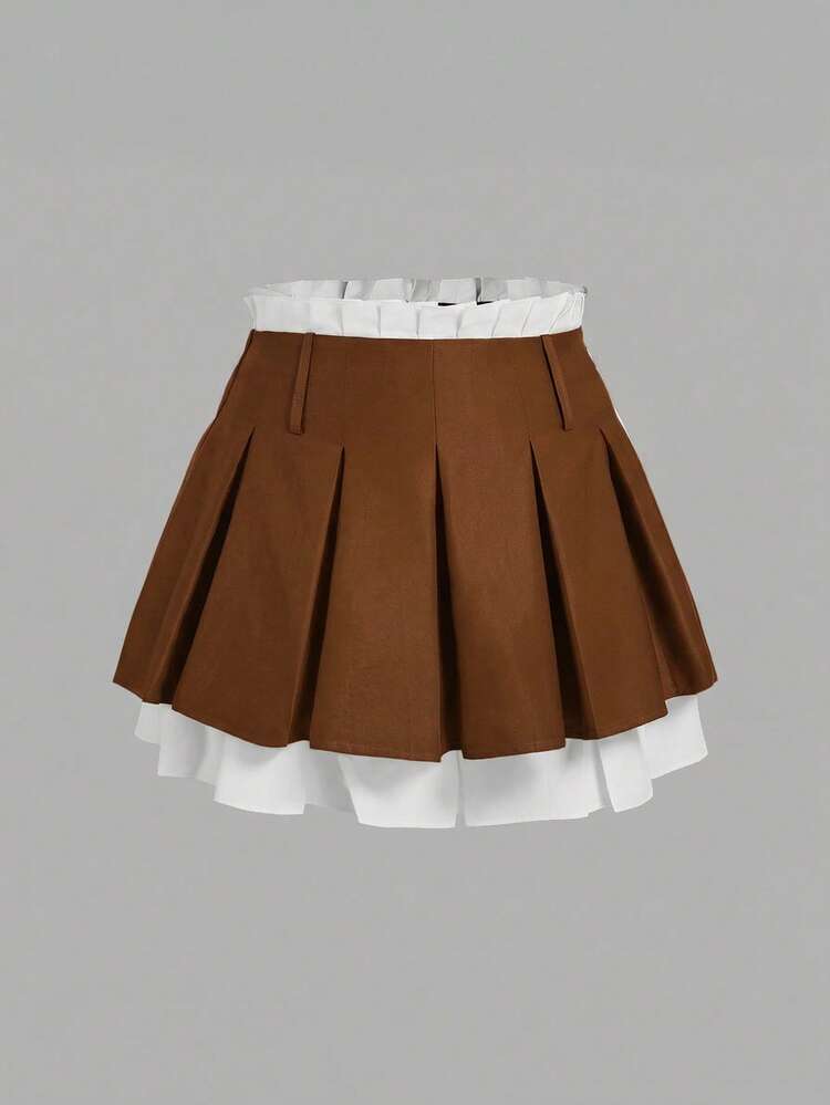 SHEIN MOD Plus Size Fashionable Casual Colorblock Layered Pleated Skirt - Brown - View 1