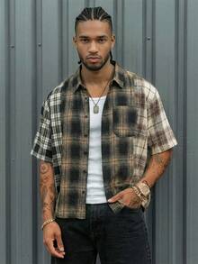 AXEPEAK 男士格子短袖单排扣休闲口袋衬衫 短袖格子衬衫 男士衬衫 街头服饰 街头风纽扣格子衬衫 男士格子短袖衬衫 混色格子衬衫 宽松衬衫 男士格子衬衫 短袖衬衫 - 彩色 - 查看 4