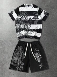 男士T恤套装，每日街头美式风格条纹圣母玛利亚英文印花短袖T恤套装 - 黑與白 - 查看 1