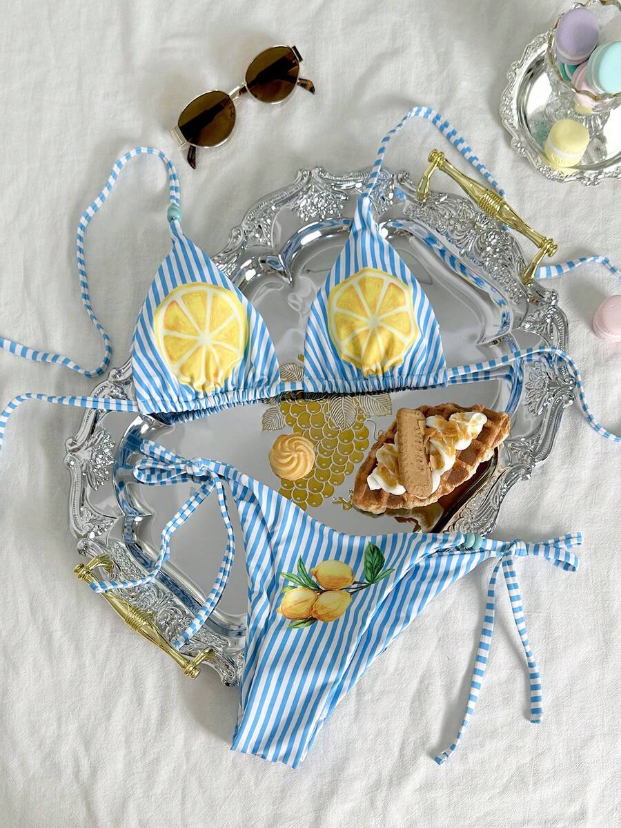 Swim Vcay Women's Halter Tie Striped Print Bikini Set - Blue - View 1