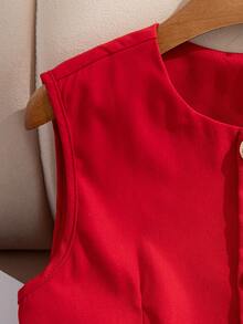 SHEIN Plus Size Women's Elegant French Style Red Sleeveless Blazer, Slim Fit Design With Gold Button Accents, Suitable For Work, Office Or Casual Occasions, Spring/Summer - Red - View 4