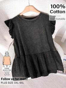 CosyJoli 大码女式优雅休闲度假水洗吊带背心，短袖上衣，纯棉休闲外套，春季女式上衣 - 黑色 - 查看 1