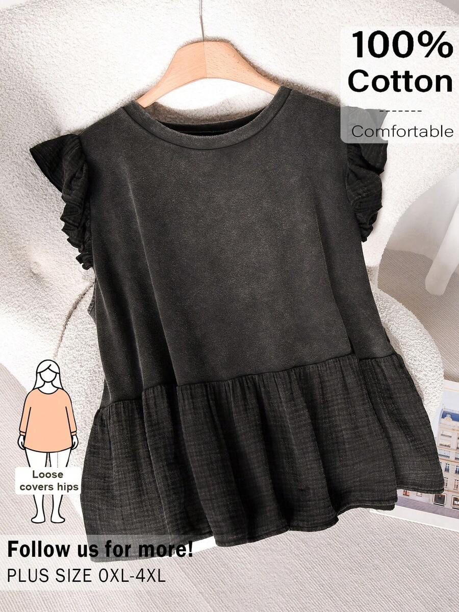 CosyJoli 大码女式优雅休闲度假水洗吊带背心，短袖上衣，纯棉休闲外套，春季女式上衣 - 黑色 - 查看 1