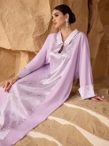 Al Najma 女士复古优雅浅紫色流苏领饰缎面提花宽松长袖长袍 - 淡紫色 - 查看 6