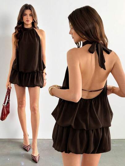 SHEIN Tall Vestido casual de mujer con cuello halter y volantes en el bajo, de unicolor, para el verano, vestidos elegantes para mujer, vestidos de fiesta para mujer