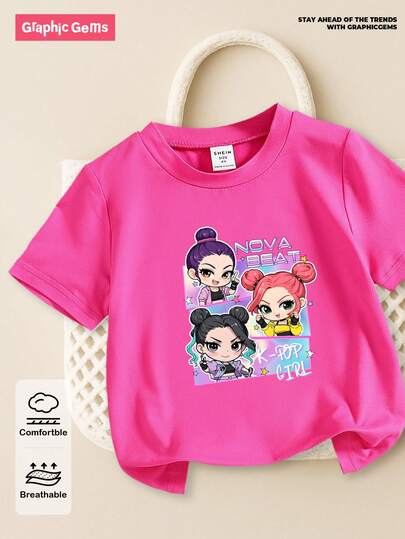 SHEIN GraphicGems 女童字母豹纹蝴蝶结印花短袖T恤，日常穿着的理想之选，玫红色，时尚可爱，适合幼儿女孩，舒适百搭，居家穿着皆宜。