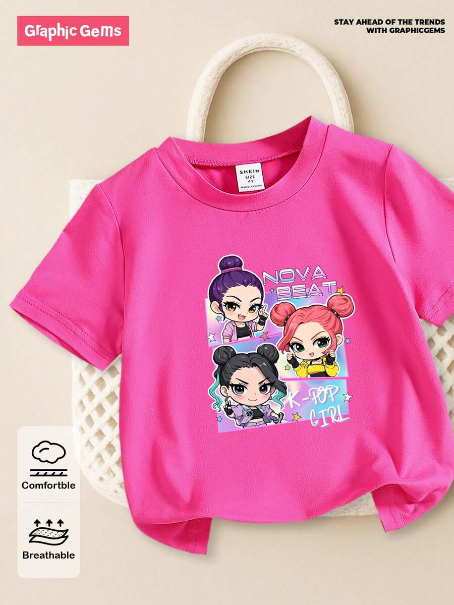 SHEIN GraphicGems 女童字母豹纹蝴蝶结印花短袖T恤，日常穿着的理想之选，玫红色，时尚可爱，适合幼儿女孩，舒适百搭，居家穿着皆宜。 - 玫紅色 - 查看 1