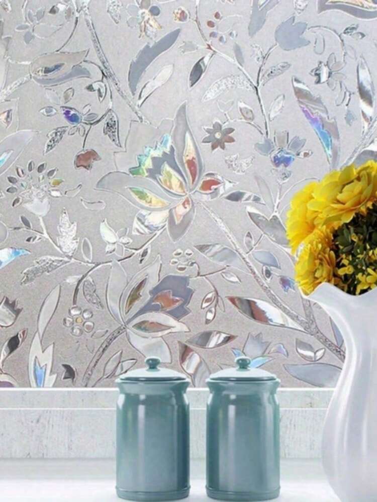 1片优雅郁金香图案隐私窗膜，浴室玻璃隐私贴纸，防紫外线，家用磨砂玻璃贴膜 - 自粘式，无需胶水，透明/不透明玻璃纸，易撕易贴，适用于办公室和客厅装饰，花卉图案膜 | PVC材质，郁金香装饰礼品，生日/毕业礼物 - 彩色 - 查看 6