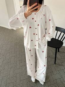 DAZY 心形图案印花宽松插肩袖女士睡衣套装 - 白色 - 查看 5