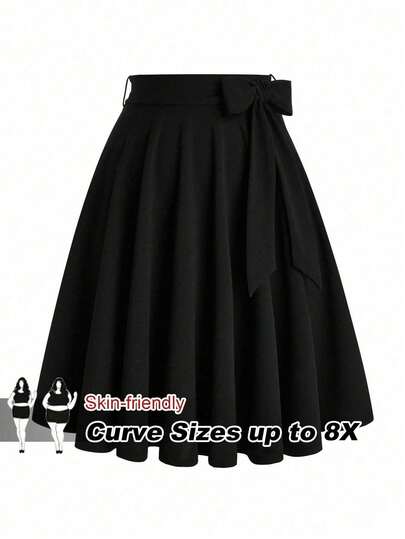 Elenzga Plus Size Women's Casual A-Line Bowknot Tie Waist Skirt