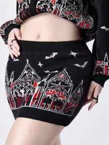 ROMWE Gothic Castle & Church Pattern Mini Bodycon Skirt For Plus Size Women - Black - View 4