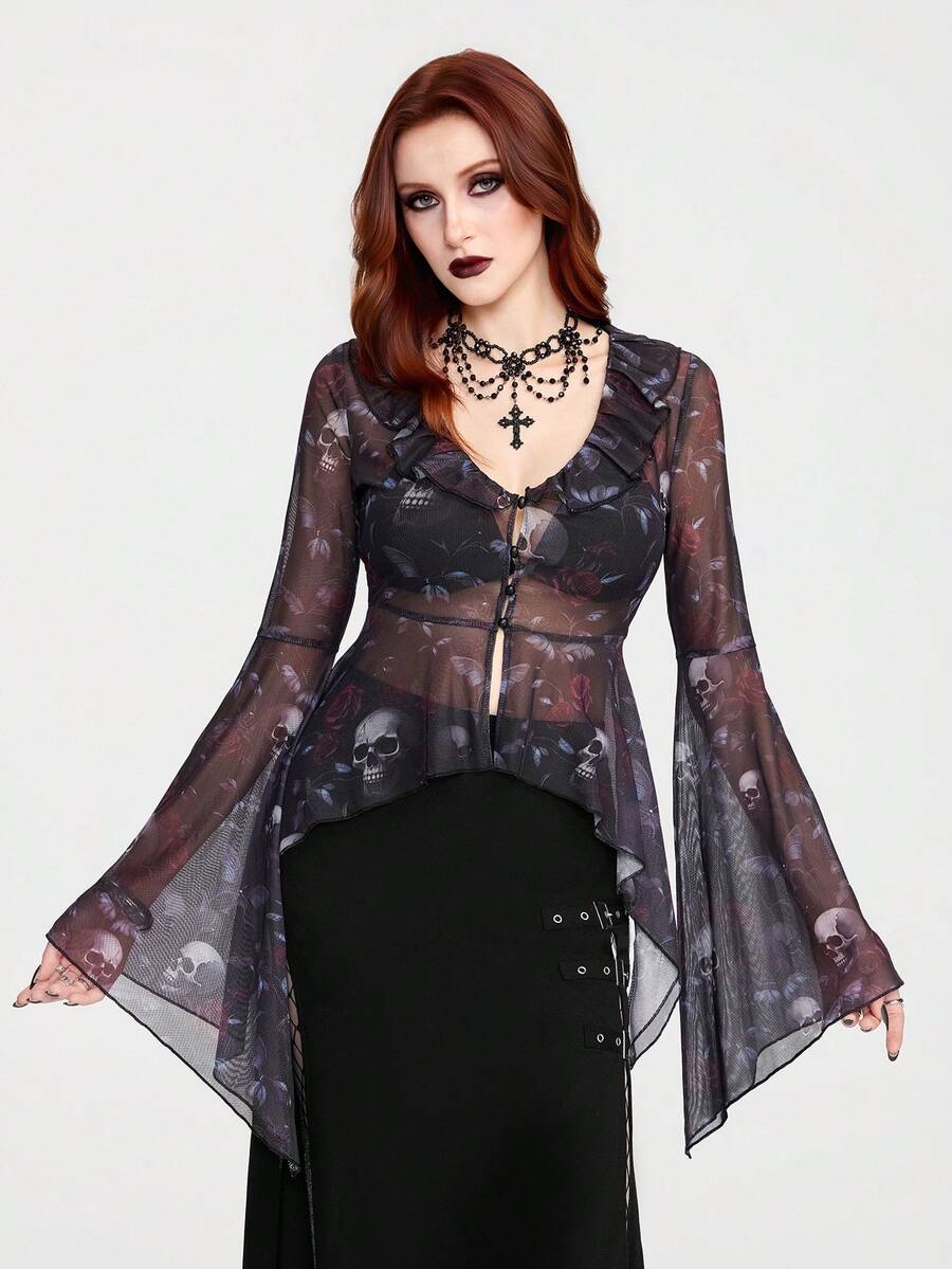 Women's Gothic Style Sexy Mesh Rose Skull Print Patchwork Frill Trim Asymmetrical Hem Button Up Cropped Cardigan Top Gothic Summer Clothes Witchy Top Sheer Black Top Gothic Women Clothes Gothic Top Gothic Blouse Sheer Tops For Women Gothic Clothing For Women Blouses For Women - Black - View 1