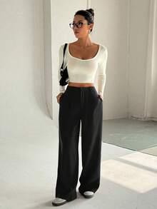 Flirla Petite 2025 Fashionable Classic Loose Relaxed Fit High-Rise Palazzo Pants Fall Cloth For Women - Black - View 6