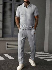 Manfinity Homme 男士休闲纯色短袖Polo衫和长裤套装，夏季休闲两件套，男士套装，男士两件套休闲西装，男士华夫格针织套装，男士灰色套装，复古风格，适合日常休闲、周末旅行、户外活动、探险旅行、轻松的工作环境或半正式场合，可作为男友/丈夫礼物、周年纪念/生日礼物、派对礼物、暑假礼物、新年礼物、婚礼礼物、情人节礼物。 - 淺灰色 - 查看 5